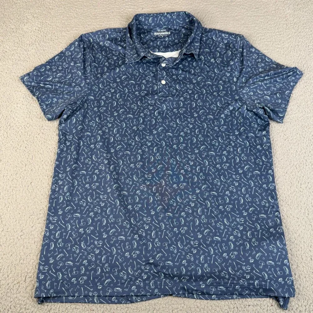 J. CREW Performance Polo Shirt Men L Blue All Over Golf Bag Tee Cart Trophy Club